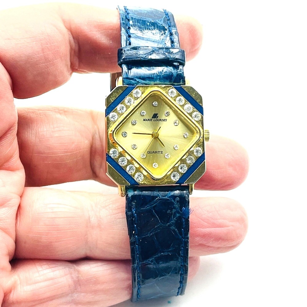 Marie Lourdes Blue Faux Croc Strap Watch Gold Tone Womens Quartz Watch